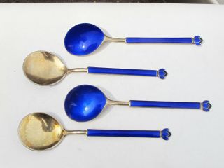 Set of 4 Vintage ' David Andersen ' Norway Blue Enamel Sterling Guilloche Spoons 2