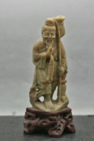 Vintage Hand Carved Chinese Soapstone Fisherman Statue C1960s
