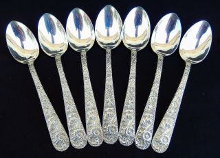 7 Repousse Sterling Silver Teaspoons By S.  Kirk & Son 5 3/4 " Long