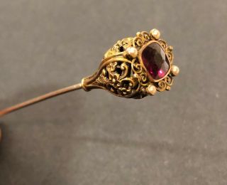 Antique 14k Gold Filigree Victorian Garnet Seed Pearl Hat Stick Pin Estate