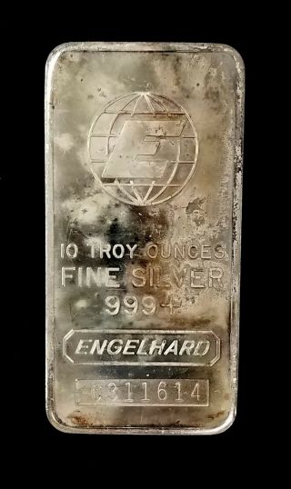 Vintage 1985 Engelhard 10 Troy Oz.  999 Fine Silver Bar A