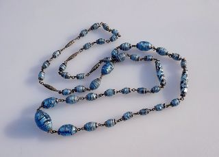 Vintage Art Deco Venetian Shimmering Blue Foil Lava Glass Beads Czech Necklace