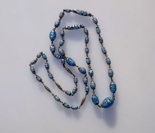 Vintage ART DECO Venetian Shimmering Blue Foil Lava Glass Beads Czech Necklace 3