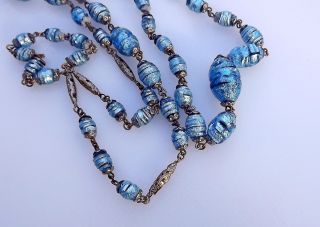 Vintage ART DECO Venetian Shimmering Blue Foil Lava Glass Beads Czech Necklace 4