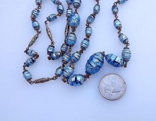 Vintage ART DECO Venetian Shimmering Blue Foil Lava Glass Beads Czech Necklace 5