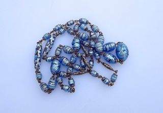 Vintage ART DECO Venetian Shimmering Blue Foil Lava Glass Beads Czech Necklace 6