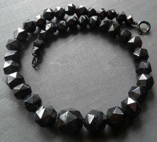 Antique Victorian Whitby Jet Facet Carved Chunky Bead Mourning Necklace - R365