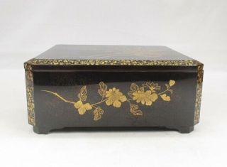 H629 Japanese old lacquered square covered bowl KASHIKI with fantastic MAKIE 1/2 6
