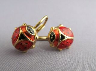 Vintage Italy 14k Yellow Gold Enamel Ladybug Dangle Drop Pierced Earrings 2.  6g