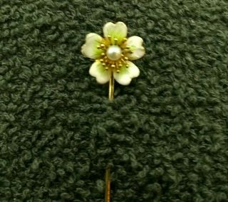 Vintage 14k Yellow Gold And Pearl Flower Stick Pin With Enameled Petals.