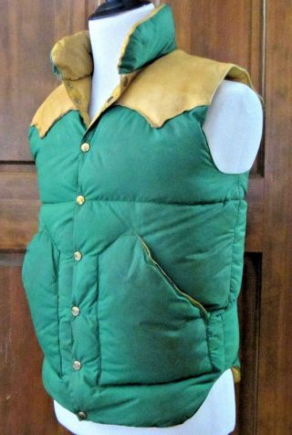Vintage Rocky Mountain Featherbed Christy Mens Sz 40 Green Tan Leather Down Vest