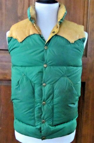 VINTAGE ROCKY MOUNTAIN FEATHERBED CHRISTY MENS SZ 40 GREEN TAN LEATHER DOWN VEST 3