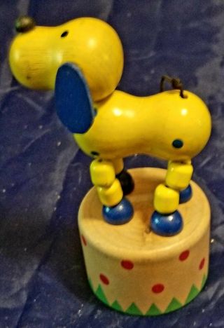Vintage Wooden Dog Push Puppet Yellow Blue Hand Crafted