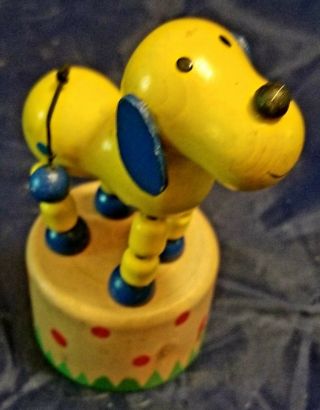 Vintage Wooden Dog Push Puppet Yellow Blue Hand Crafted 2