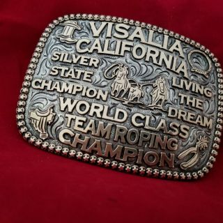 Rodeo Buckle Vintage Visalia California Team Roping Champion Engraved Signed 565