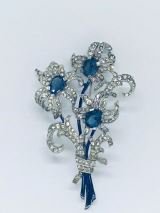 1941 Crown Trifari A.  Spaney Montana Blue Rhinestone Floral Flower Pin Brooch