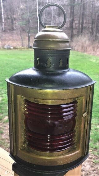 Antique Tin & Brass Perko De - Lite Ships Marine Lantern Light Ruby Red Lens N.  Y.