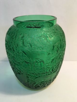 Rare Lalique Crystal Emerald Green " Biches " Deer Vase W/labels And Box