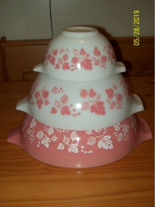 3 Vintage Pyrex Pink Gooseberry Cinderella Nesting Bowls 441 443 & 444