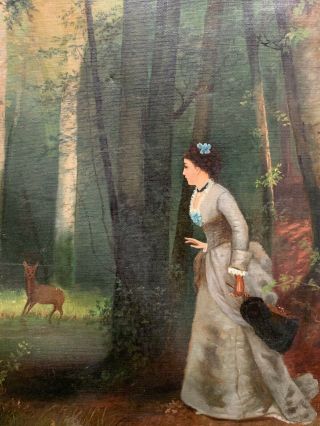 Antique American Victorian Folk Art Landscape Painting Woman In Forest With Deer