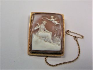 Antique Victorian 15 Ct.  Yellow Gold Hand Carved Shell Cameo Brooch.