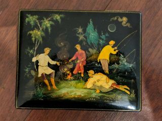 Vintage Soviet Russian Lacquered Palekh Hand Painted Box 1965 Babanov Ussr