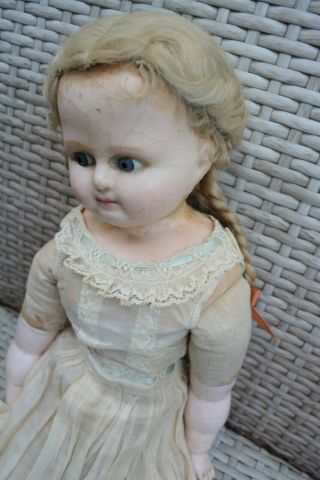 Antique Doll Wax Over Paper Mache with RARE HAIR STYLE Early 1860s 12