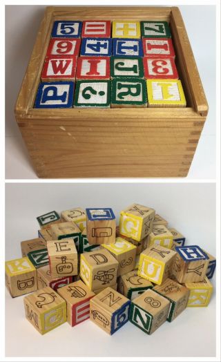 Vintage Children’s Wooden Blocks - Set Of 48 - Storage Box