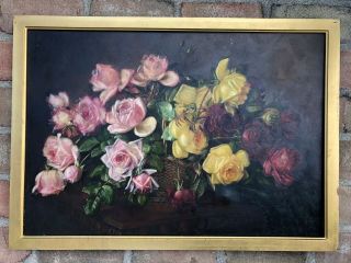 Antique Oil Painting Canvas Roses By S.  S.  Anthony From Charles Calder