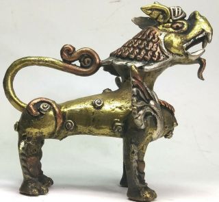 Vintage Solid Brass Guardian Statue Foo Dog / Lion With Copper / Silver And Gold