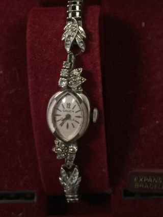 Vintage Gruen Ladies 12 Diamond 17 Jewel 14kt White Gold Watch