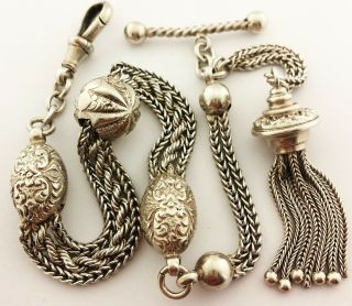 Antique Victorian Solid Silver Albertina Watch Chain - - Tassel Fob