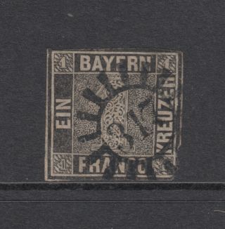 Bavaria Mi 1iia 1850 1kr Grey Black " Schwarzer Einser ",  Plate 2.  Rare.