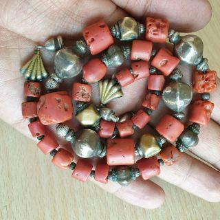 15 Old Rare Antique Vintage Chinese Tibetan Silver Coral Necklace Beads 58 Gr 2