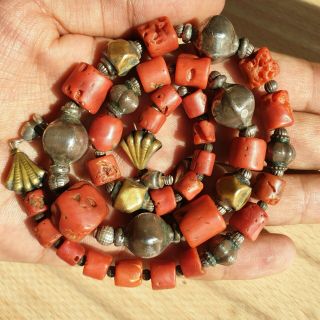 15 Old Rare Antique Vintage Chinese Tibetan Silver Coral Necklace Beads 58 Gr 3