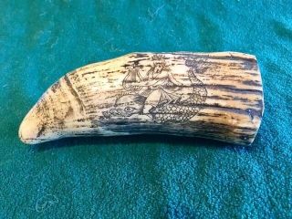 Vintage Scrimshaw Whale Tooth Walrus Tusk Unusual Old Maritime Collectible