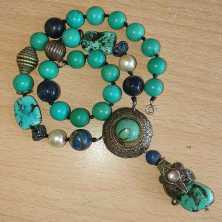 12 Old Vintage Chinese Silver Turquoise Necklace With 5 Lapis & 2 Enamel Beads