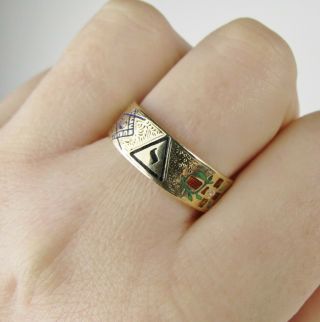 VTG 50 ' s 14K Gold enamel Masonic Ring Double Eagle 0.  20ct Diamond ring sz 10.  5 12