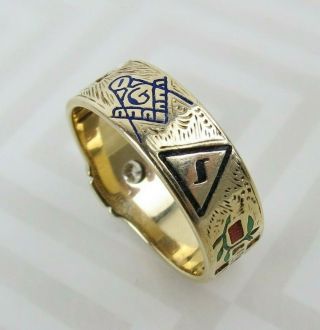 VTG 50 ' s 14K Gold enamel Masonic Ring Double Eagle 0.  20ct Diamond ring sz 10.  5 2