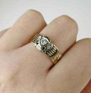 VTG 50 ' s 14K Gold enamel Masonic Ring Double Eagle 0.  20ct Diamond ring sz 10.  5 5