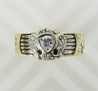 VTG 50 ' s 14K Gold enamel Masonic Ring Double Eagle 0.  20ct Diamond ring sz 10.  5 6