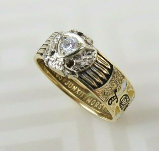 VTG 50 ' s 14K Gold enamel Masonic Ring Double Eagle 0.  20ct Diamond ring sz 10.  5 8