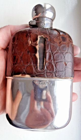 Large Victorian 1887/88 Sterling / Solid Silver & Crocodile Skin Hip Flask