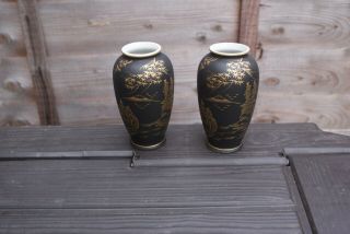 2 Vintage Black & Gold Japanese Vases China Oriental Decor