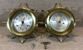 Vintage Seth Thomas Helmsman Nautical Ships Bell Clock & Weather Barometer