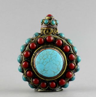 Collect China Old Bronze Inlay Turquoise Hand Carve Delicate Noble Snuff Bottle