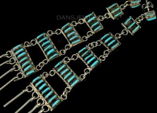 Vintage Old Pawn Zuni Turquoise Needlepoint Sterling 3 1/2 " Long Dangle Earrings