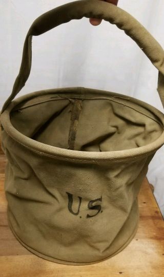 Vintage Wwii Us Army Green Military Collapsible Canvas Water Bag Bucket Jeep