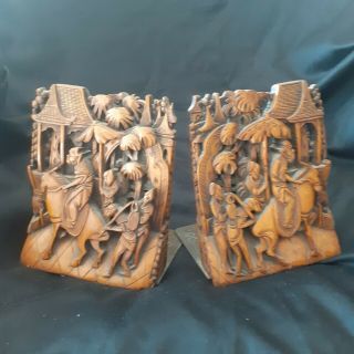 Antique Chinese Carved Wood Or Bamboo And Brass Book Ends Circa 1900
