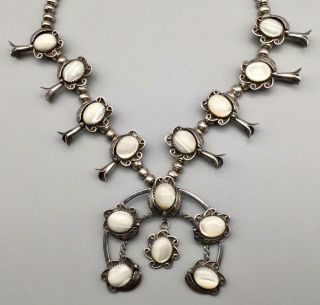 Vintage Squash Blossom Signed Pp Sterling Navajo Mother Of Pearl Necklace 18 "